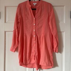 J. Jill Linen Coral Orange Button Down Pleated Tunic Size Small Vacation Coverup